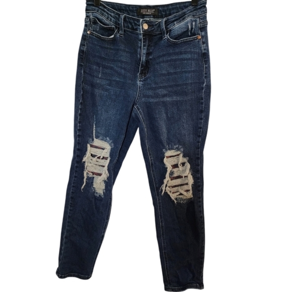 Judy blue distressed darkwash Flannel Patched jean Size 9/29